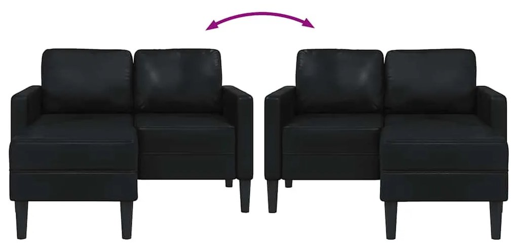 kétszemélyes, L alakú, fekete műbőr kanapé heverővel 125 cm