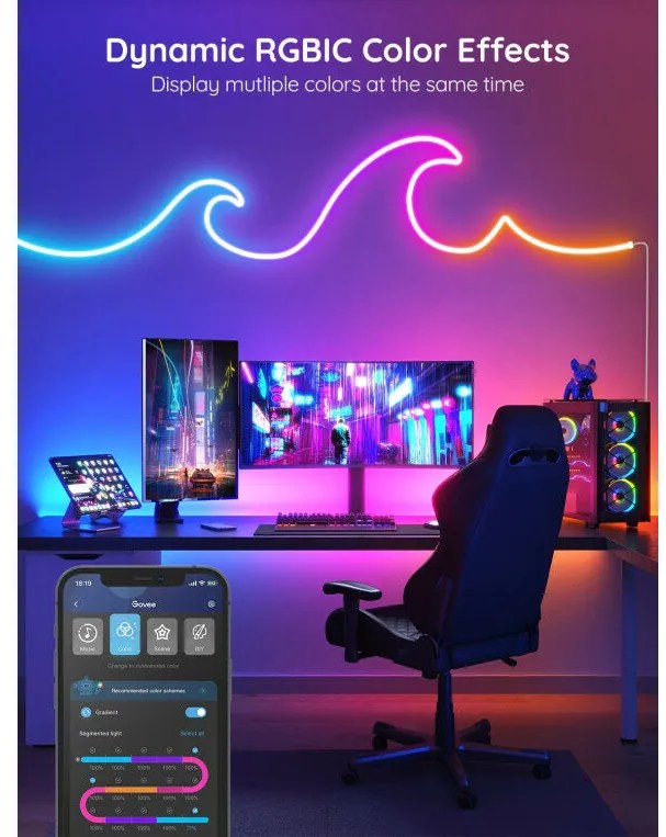 Neon LED szalagfény 5M - Applikációval és távirányítóval - IC-RGB - 7*14MM