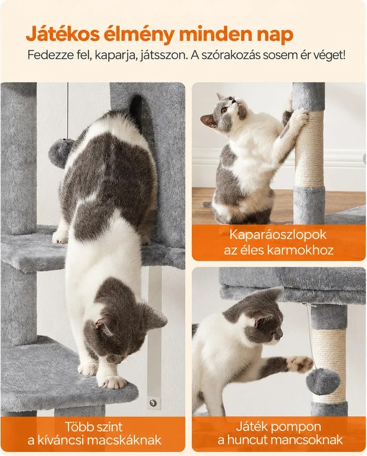 FEANDREA 143 cm magas macskafa, 2 kilátóplatformmal, macskabarlanggal és függőággyal, világosszürke