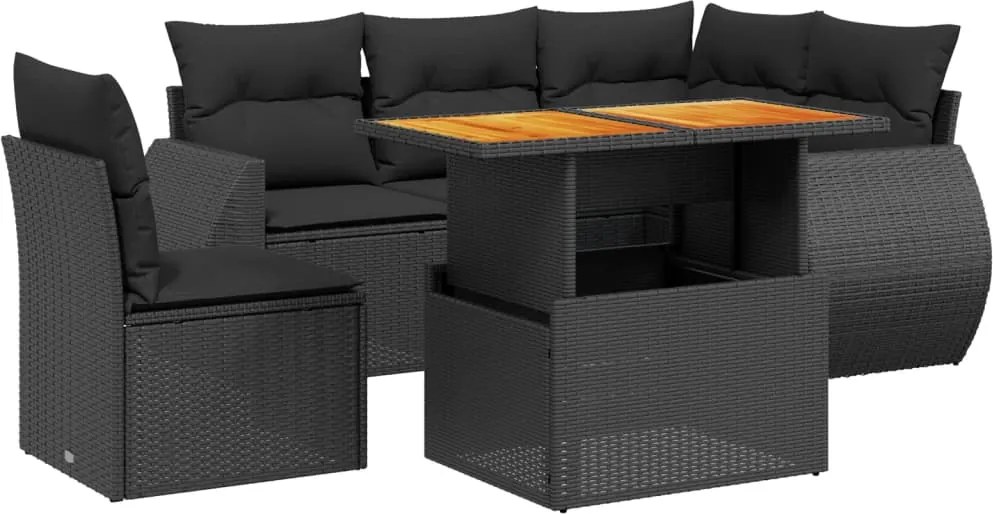 vidaXL 6 részes fekete polyrattan kerti ülőgarnitúra párnákkal