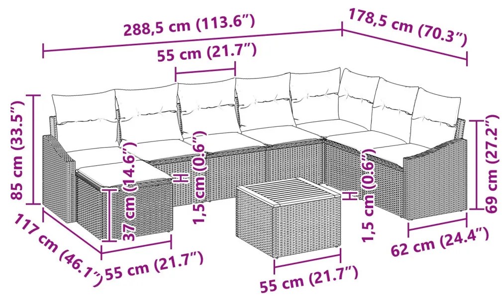 9 darabos kerti kanapészett párnákkal Fekete poli rattan akácfával