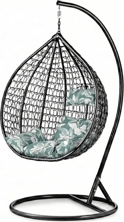 Fekete függő KOKON szék állvánnyal, zöld-fehér párna