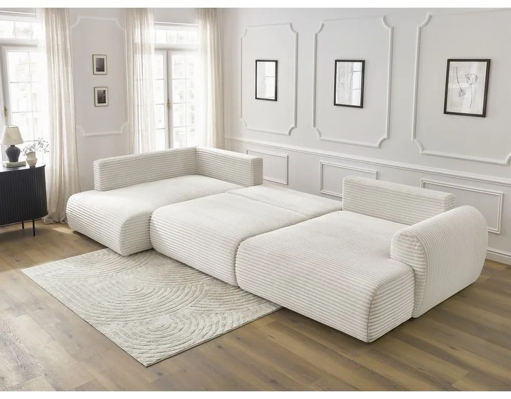 Krémszínű kordbársony kinyitható-tárolóhelyes sarokkanapé (bal oldali-U alakú) Lucien – Bobochic Paris