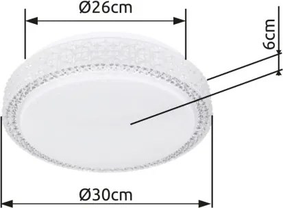 Globo 41749-12 Mennyezeti lámpa fehér váz, akril fehér búra, akril-kristály és sparkle effekt dekorral. Fali kapcsolóról 3 lépésben színhőmérsékletváltós. Ø:260, H:80, tartozék: 1xLED 12W 230V, 980lm, CCT 3.000-4500-6.500