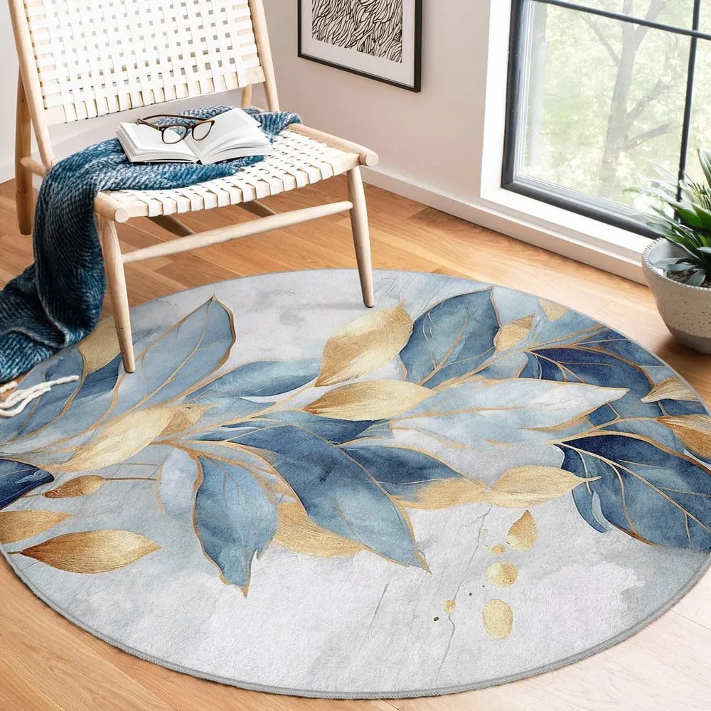 Kék-aranyszínű mosható kerek szőnyeg ø 120 cm Golden Leaves – Mila Home