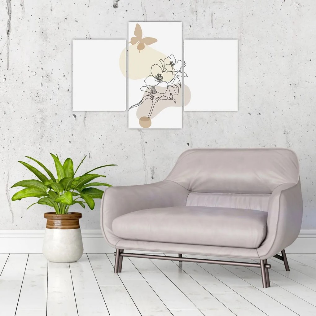Kép - Bézs virágok pillangóval N⁰3 (90x60 cm)