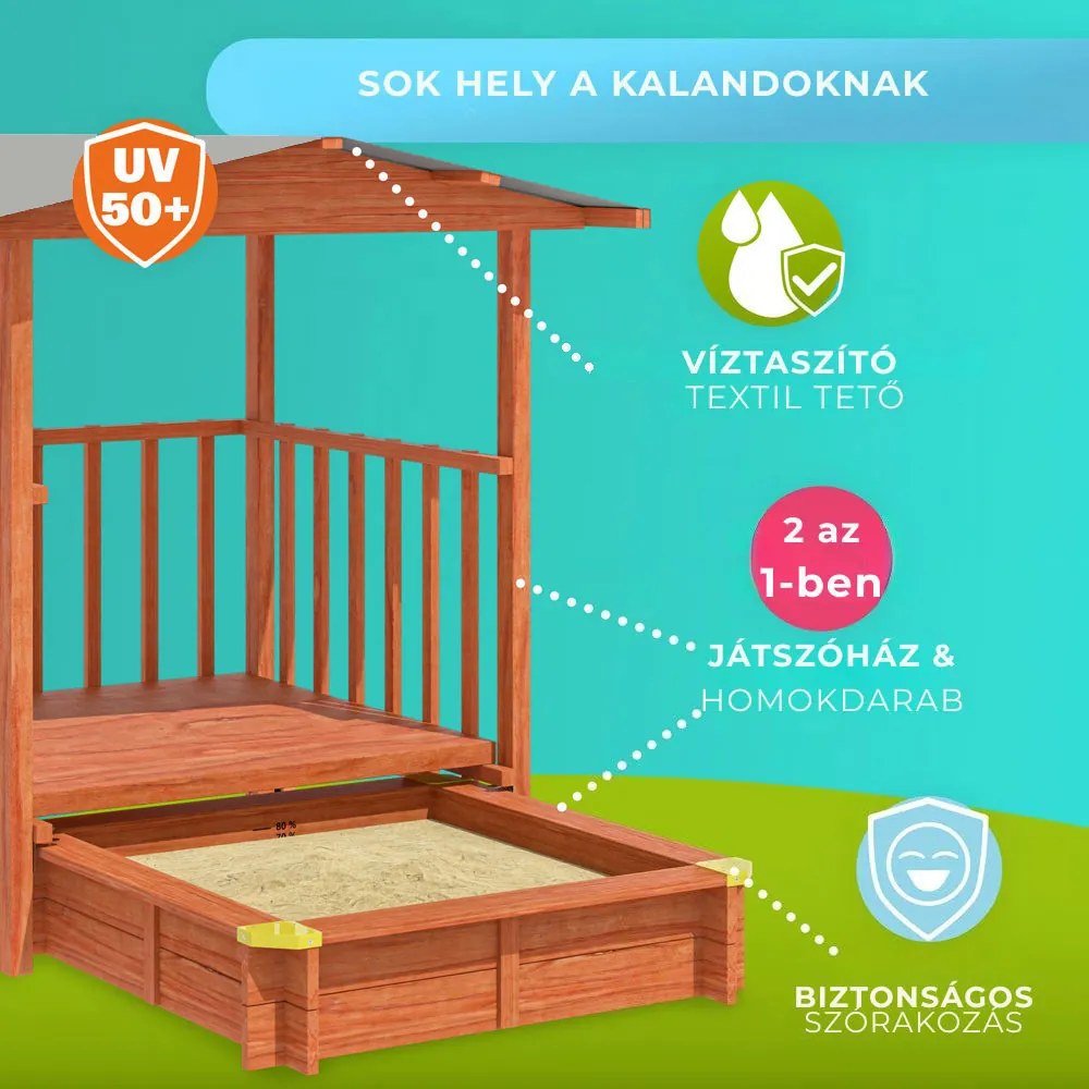 SUNNY verandás homokozó, 130x130x143cm, barna/szürke Jurhan