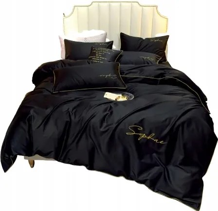 Prémium Ágyneműhuzat Garnitúra 200x220 Fekete Luxus Szatén Hímzéssel