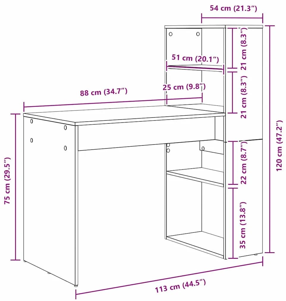 Asztal polcokkal tárolóval Fehér 113 x 54 x 120 cm Faanyag