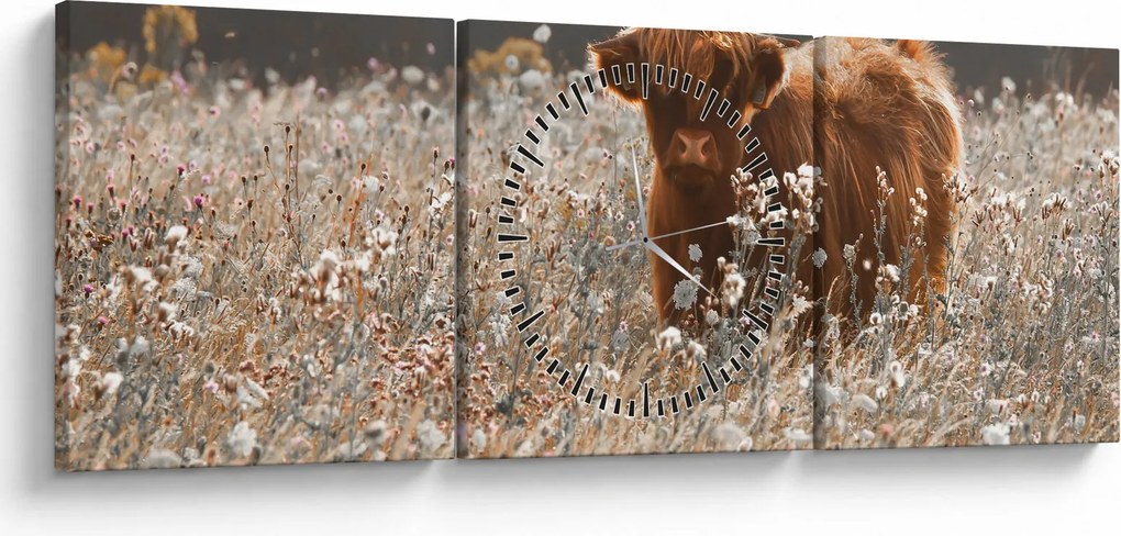 Kép - Skót tehén a virágban (órával) (90x30 cm)