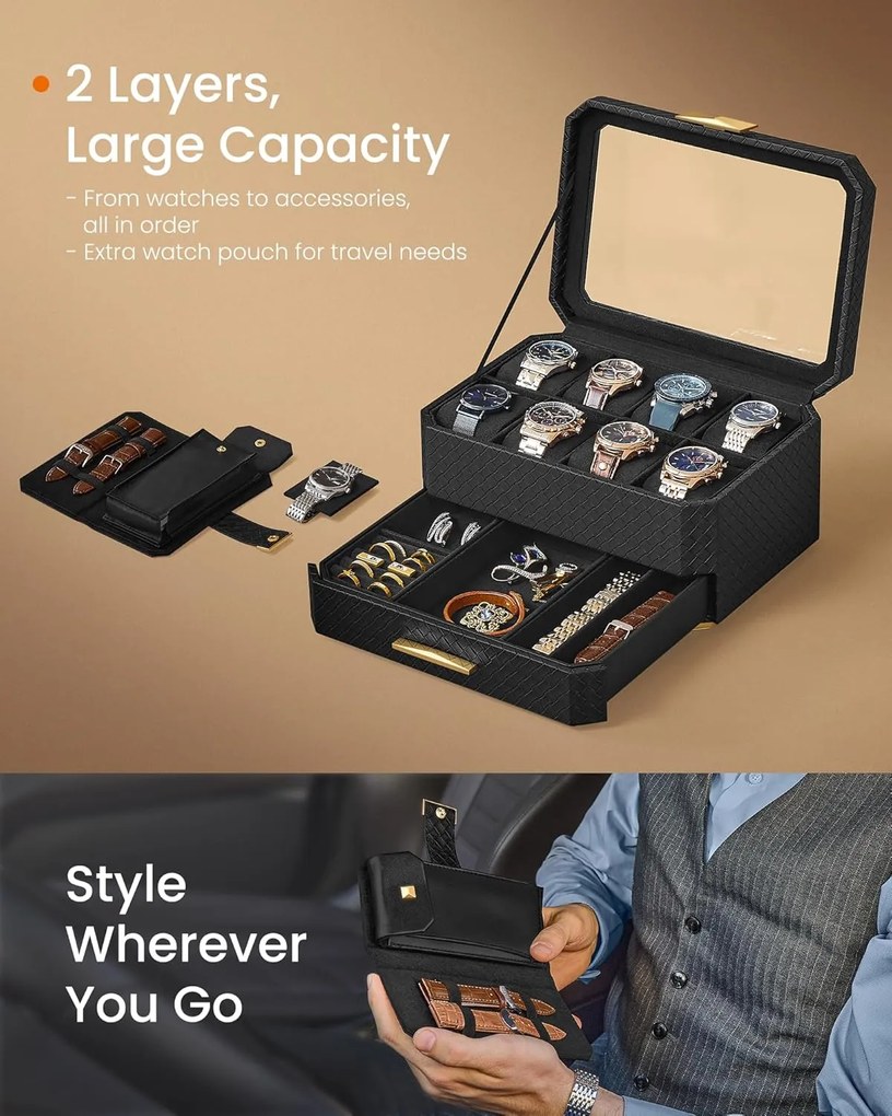 8 rekeszes óratartó doboz, tintafekete