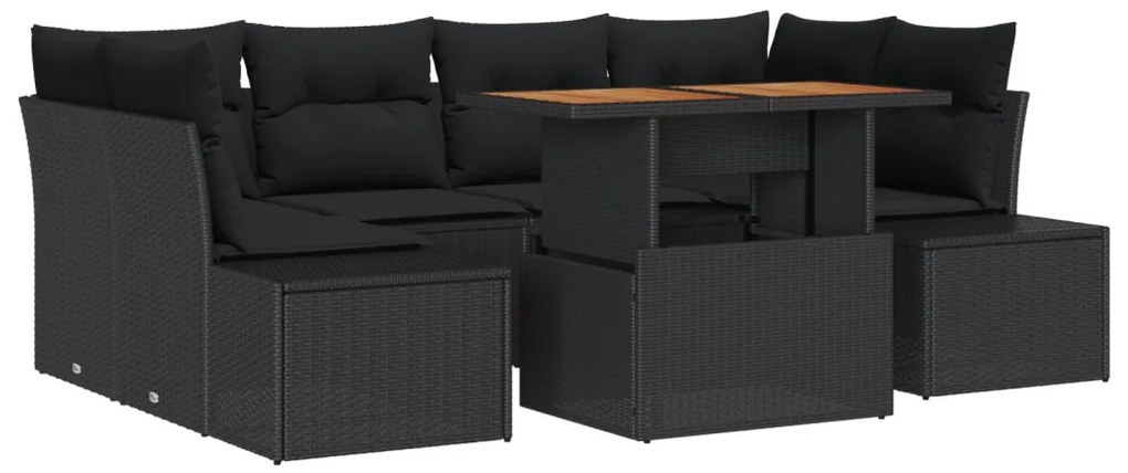 Kerti Kanapé Szett 7 darabos Fekete Poli Rattan