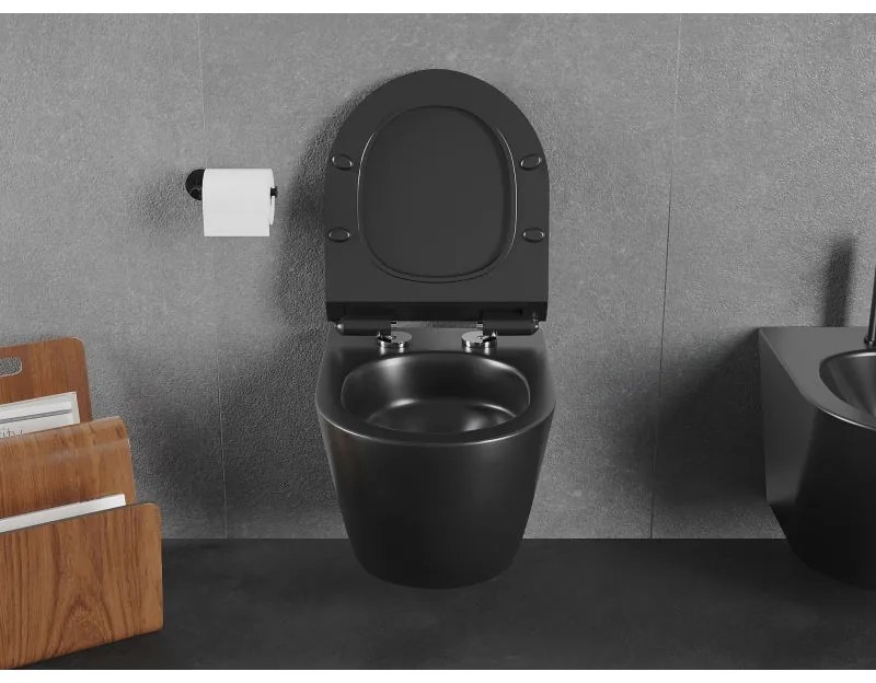 Mexen Lena, falra akasztható wc csésze 490x360x340 mm, Perem nélküli Tornado + duroplast wc ülőke, matt fekete, 30220185T