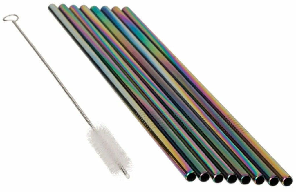 Rozsdamentes acél szívószál készlet kefével , 8 db, szivárványos színben
