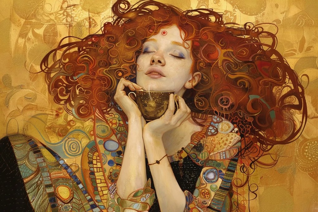 Canvas Vászonkép Vörös Nő Portré Kávé Art Nouveau Klimt 60x40