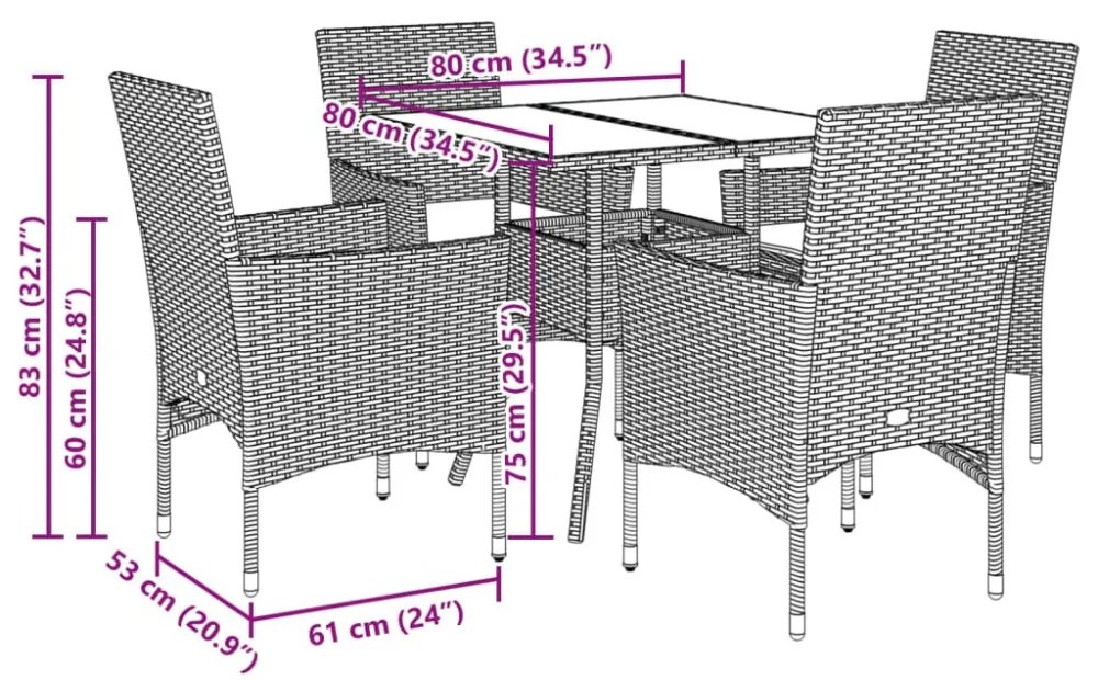 vidaXL 5 részes szürke polyrattan/üveg kerti étkezőgarnitúra párnával