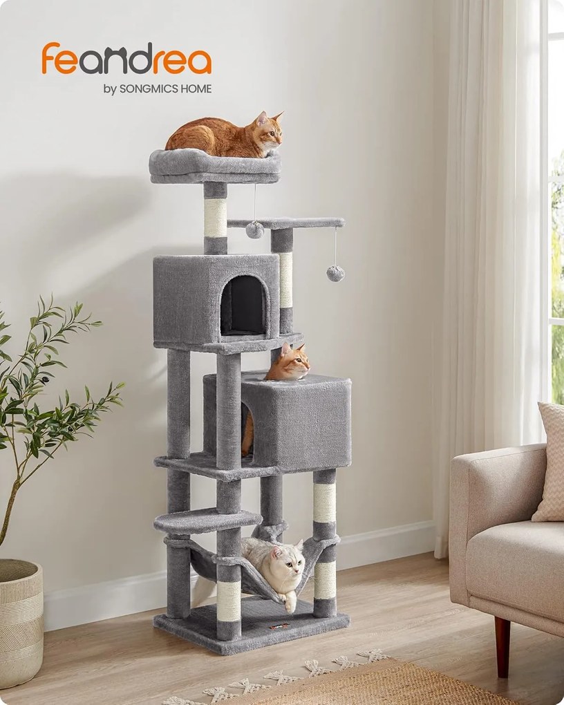 Macska kaparófa, két cicaházzal, pihenőhelyekkel és függőággyal 49×40×150cm, szürke