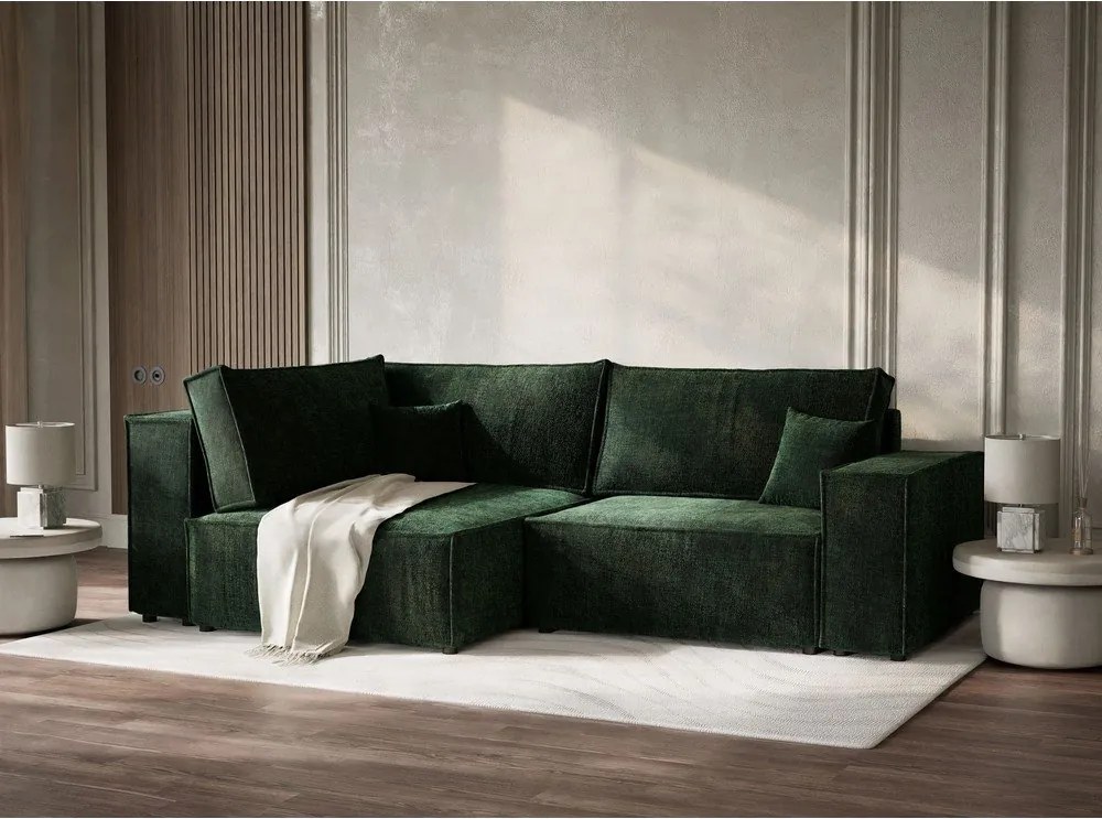 Sötétzöld zsenília kinyitható-tárolóhelyes sarokkanapé (bal oldali-L alakú) Tonga – Maison de Rêve