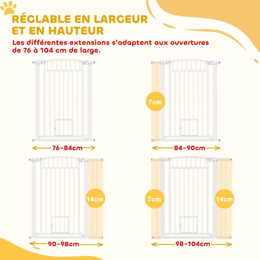 PawHut Bővíthető Kutya Biztonsági Fék 76-104 x 106 cm, lépcső- és ajtóbarrier dupla záró rendszerrel, nyomásos vagy fúrásos rögzítés, kutya- és macska