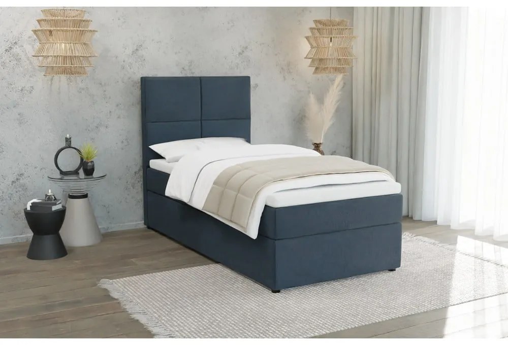 Sötétkék kárpitozott ágyneműtartós egyszemélyes ágy ágyráccsal 100x200 cm Lena – Ropez