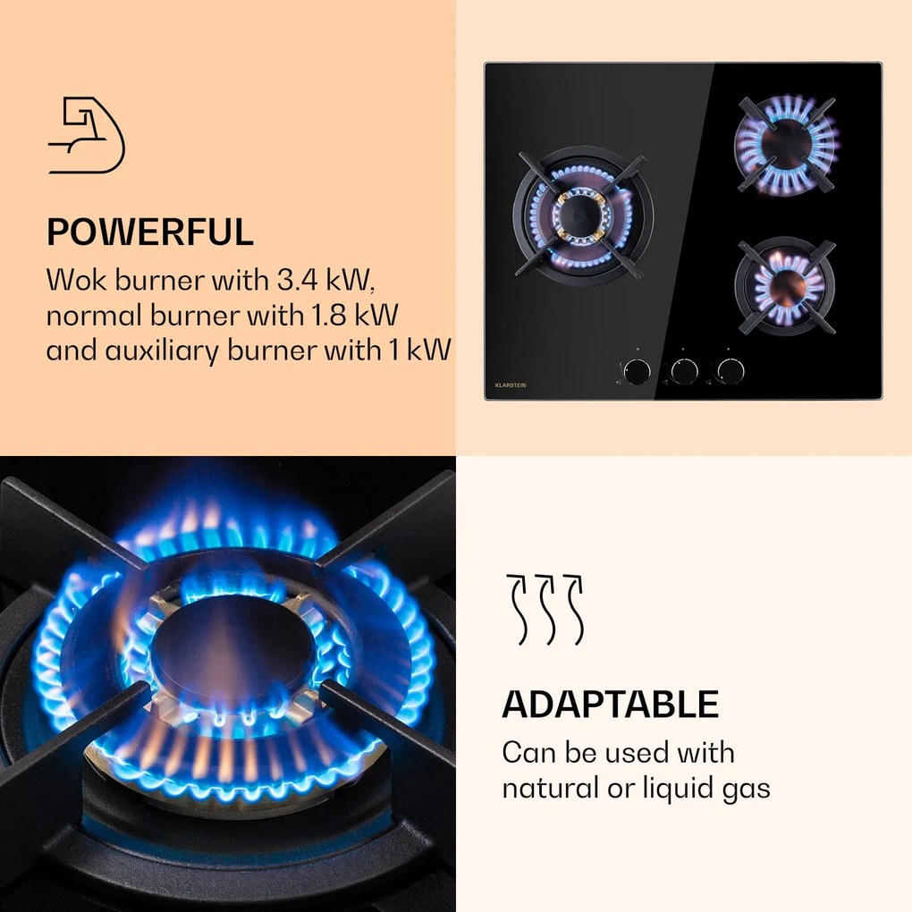 Klarstein Goldflame 3, gázfőzőlap, 3 Messing égő, üvegkerámia