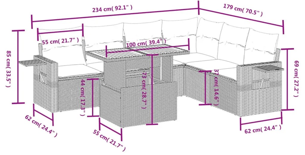 7 részes szürke polyrattan kerti ülőgarnitúra párnákkal