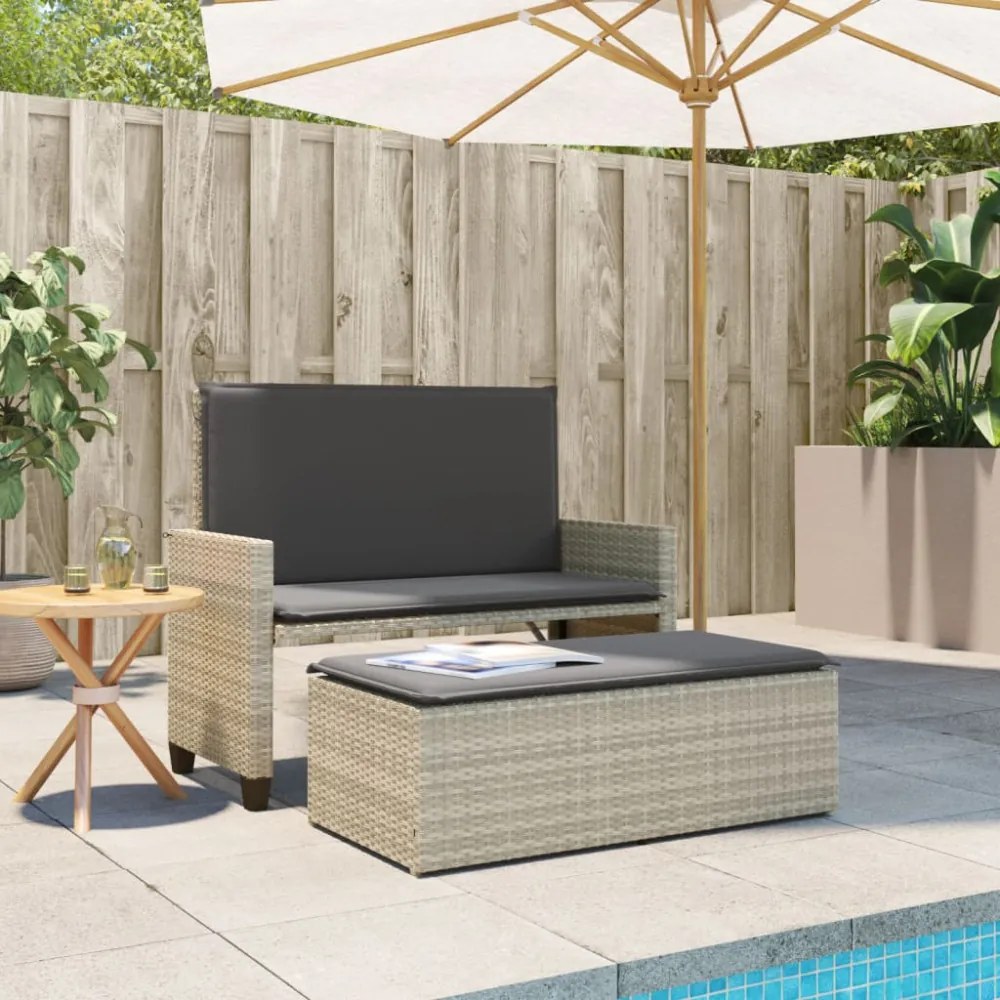 világosszürke polyrattan kerti pad párnákkal és lábtartóval