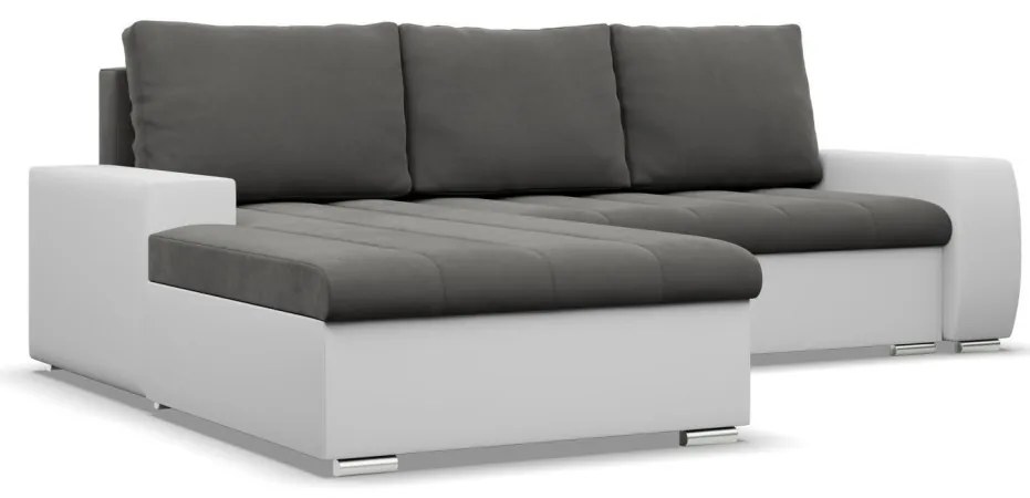 Toronto sarokkanapé, 2 ágyneműtartóval, bársony + műbőr, baloldali, szürke - fehér