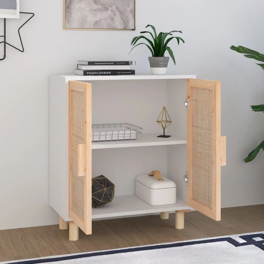 fehér tömör fenyő/természetes rattan tálalószekrény 60x30x70 cm