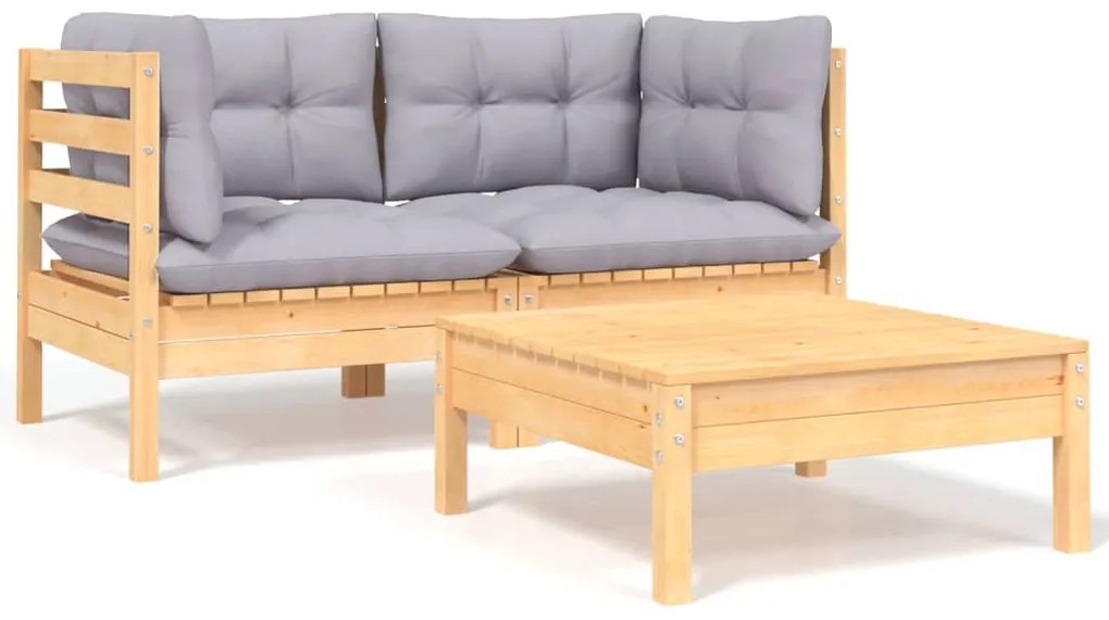 vidaXL 3 részes tömör fenyőfa kerti ülőgarnitúra szürke párnákkal