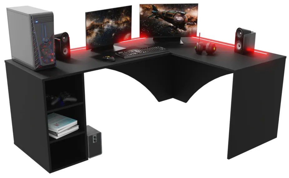 CARAMBOL sarok számítógépasztal + LED, 185x74x135, fekete, jobb