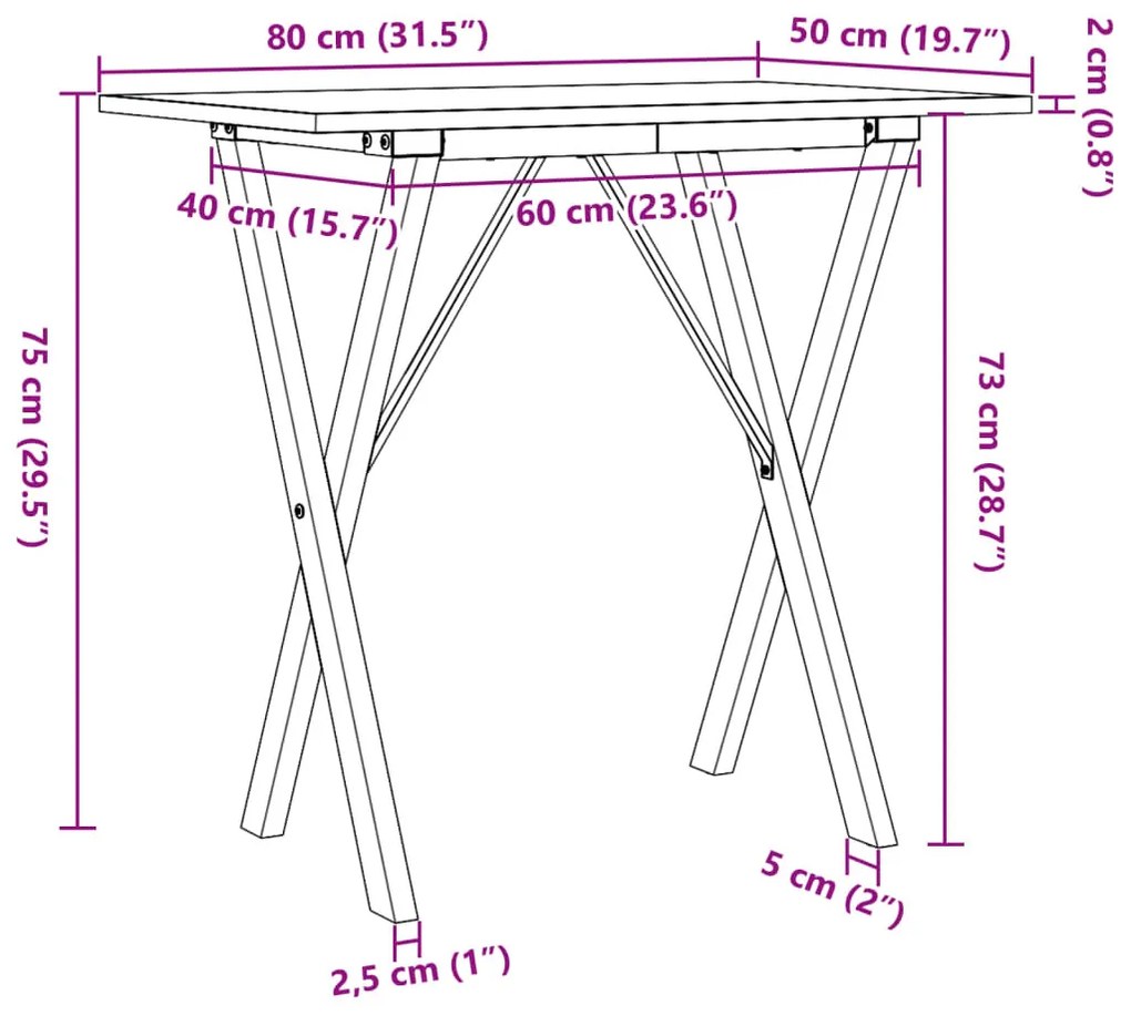 tömör fenyőfa és acél étkezőasztal X-vázzal 80x50x75 cm