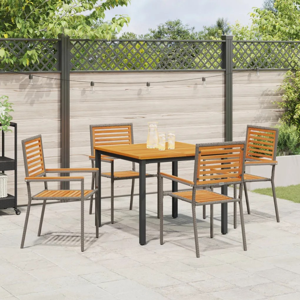 5 darabos kerti étkező szett szürke poli rattan akáccal, összecsukható kerti székek párnákkal 2 db szürke poli rattan, kerti asztal 90x90x75 cm szilárd akácfából és fémből