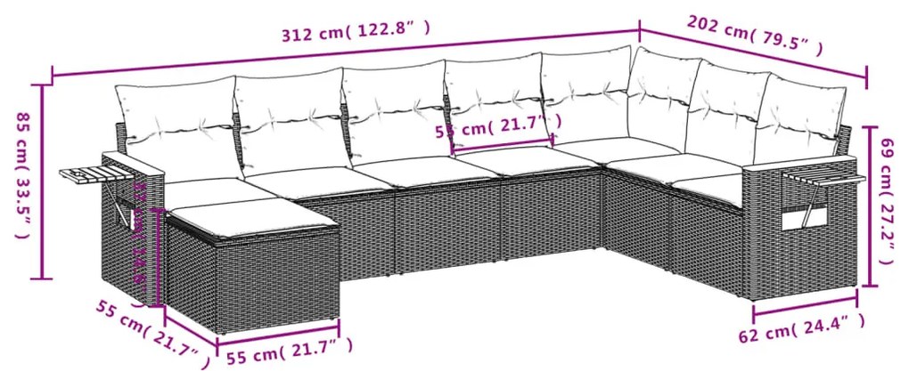 8 részes fekete polyrattan kerti ülőgarnitúra párnával