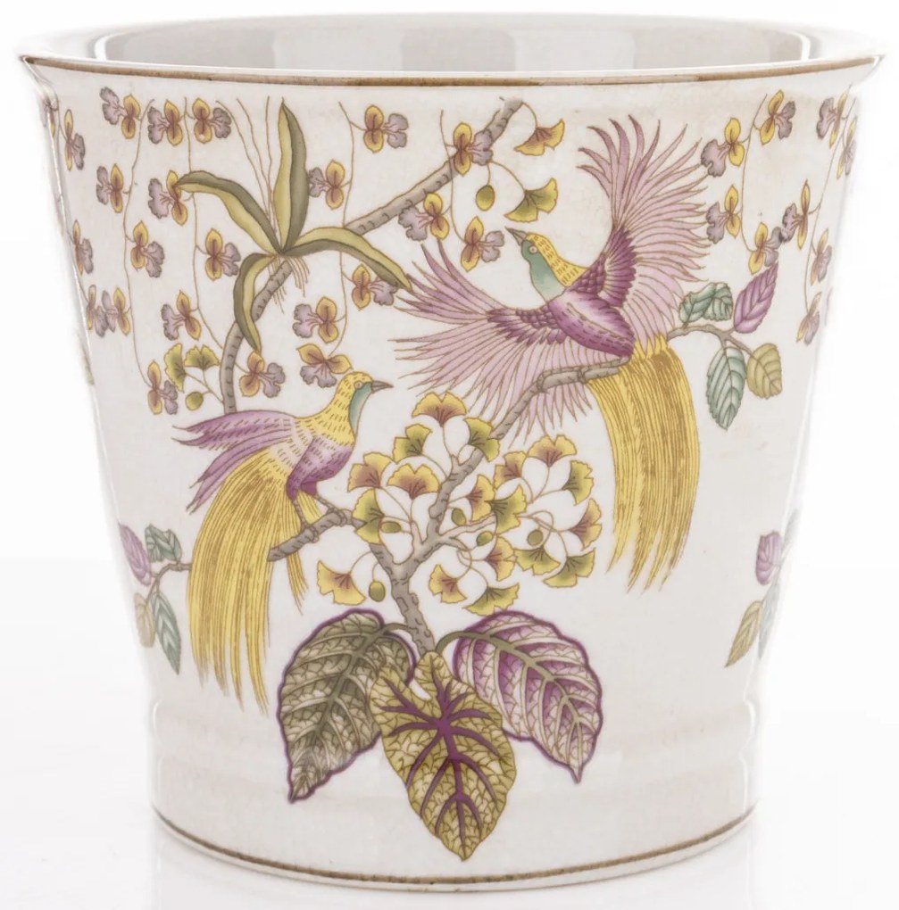 Törtfehér vintage szögletes porcelán 3db-os virágtartó kaspó szett pávákkal festve 12x13,5x13,5 / 16x17,5x17,5 / 21x23x23cm