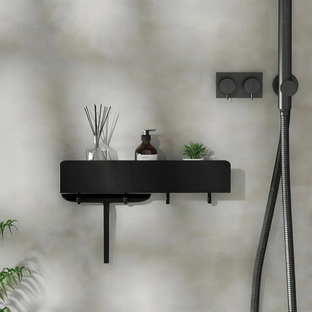 Fekete Zuhanypolc 30cm Rozsdamentes Acél Öntapadós Akasztókkal