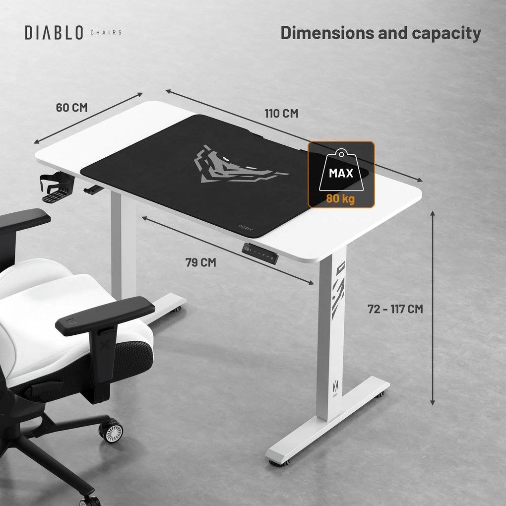 Magasságban állítható íróasztal 110 cm fehér: Diablo X-Tensio 1100