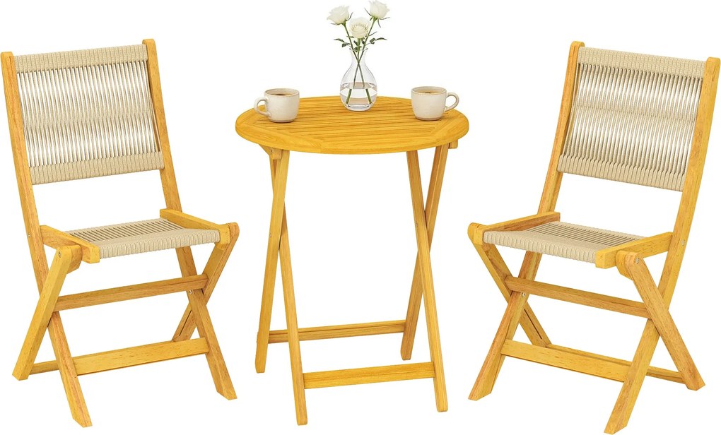 Outsunny 3 részes kültéri akác bistró szett – kerek asztal és 2 összecsukható PP fonott szék, natúr | Aosom