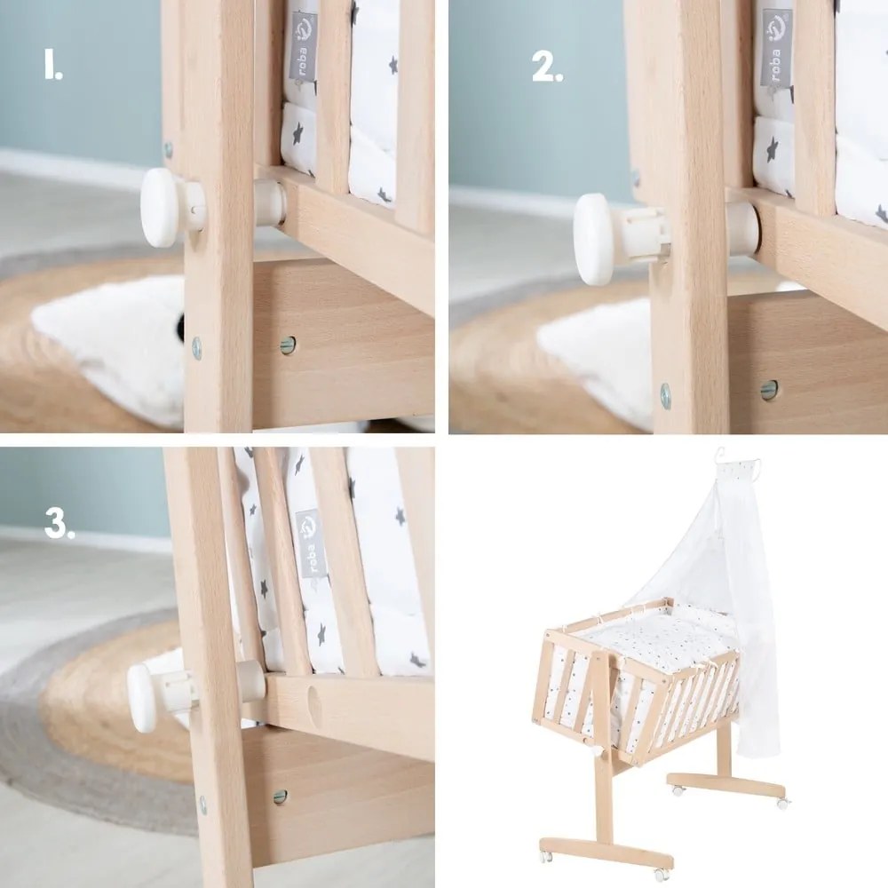 Natúr színű bükkfa gurulós-baldachinos bölcső 40x90 cm – Roba