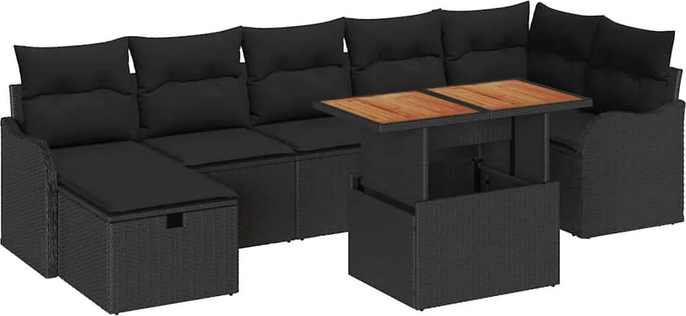 vidaXL Kerti Kanapé Szett tárolóval 8 pcs Fekete Poli rattan