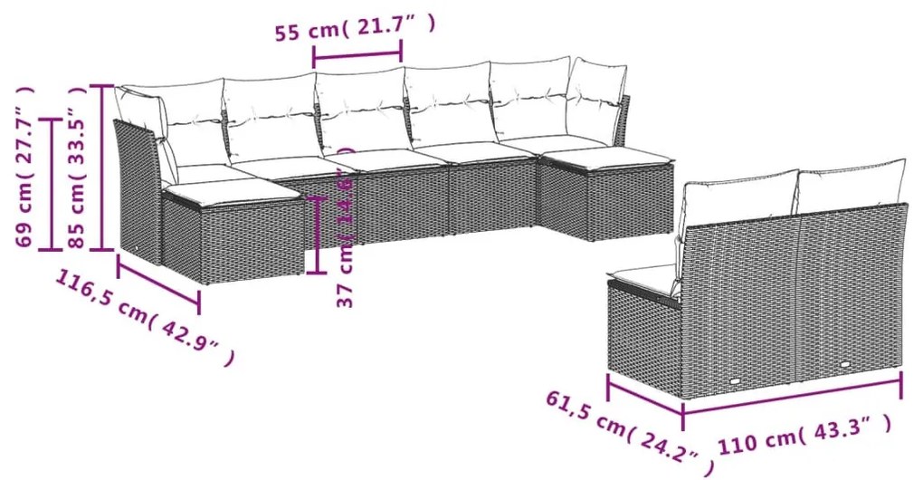 9-részes bézs polyrattan kerti ülőgarnitúra párnákkal