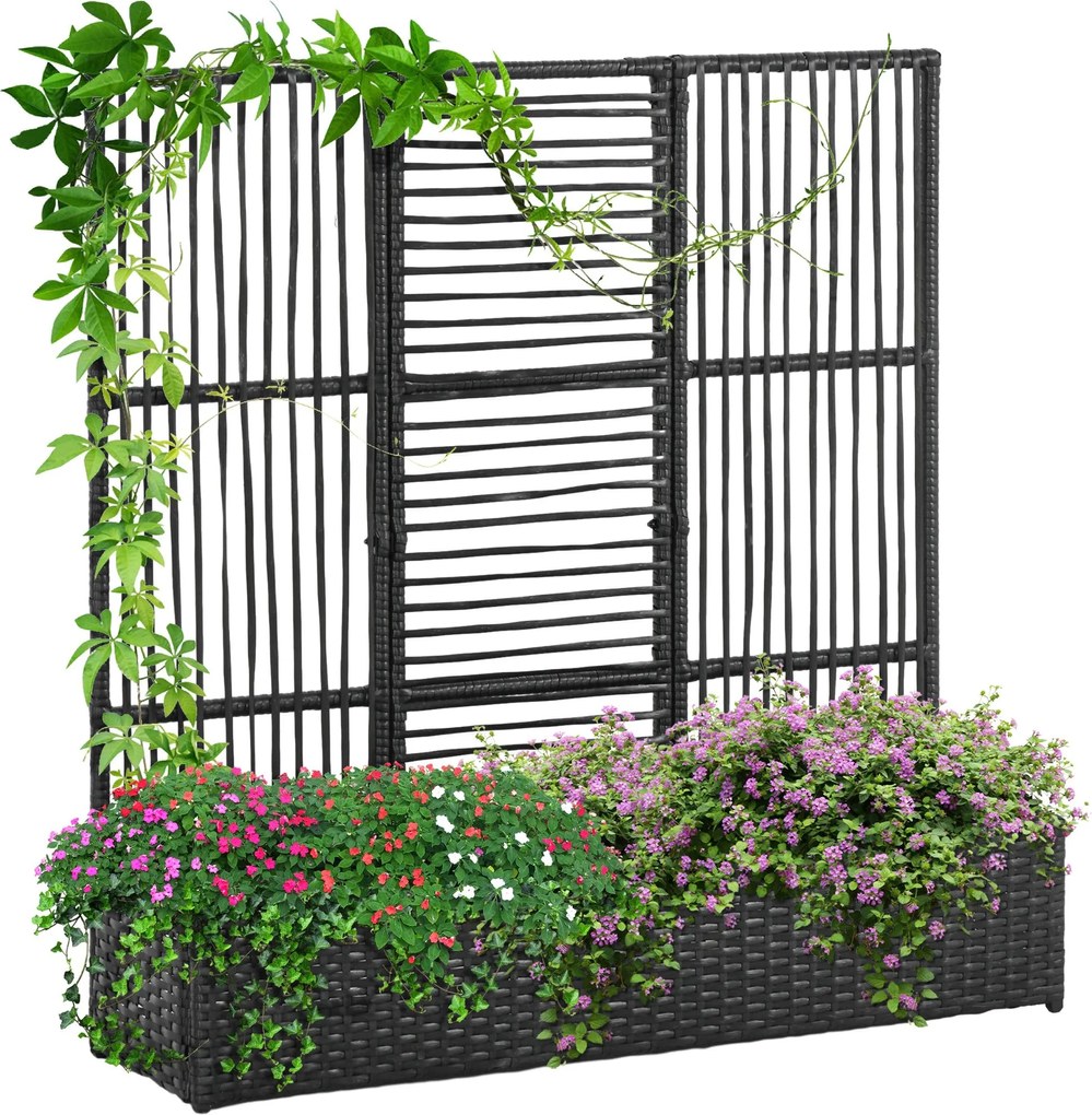 Outsunny Rámpás Ágyás Rácsos Rattan Stílusú Virágoskert Dobozban Kúszó Növényekhez, 103 x 103 x 29 cm, Fekete | Aosom