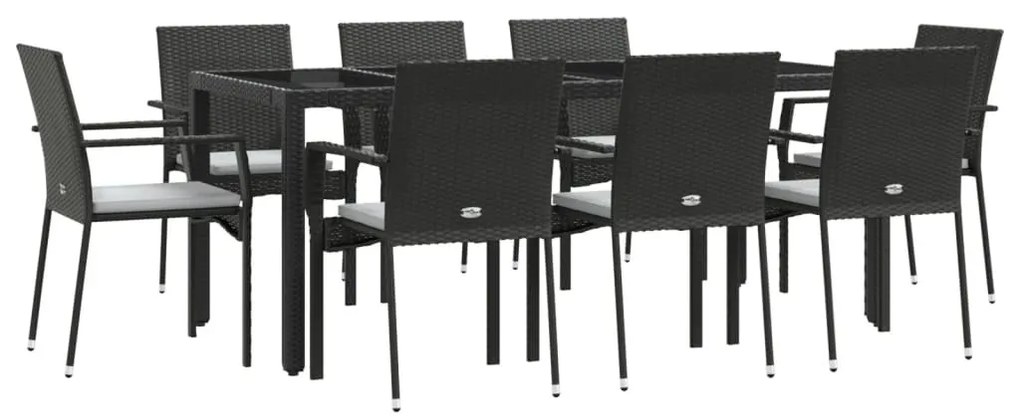 9 részes fekete polyrattan kerti étkezőgarnitúra párnákkal