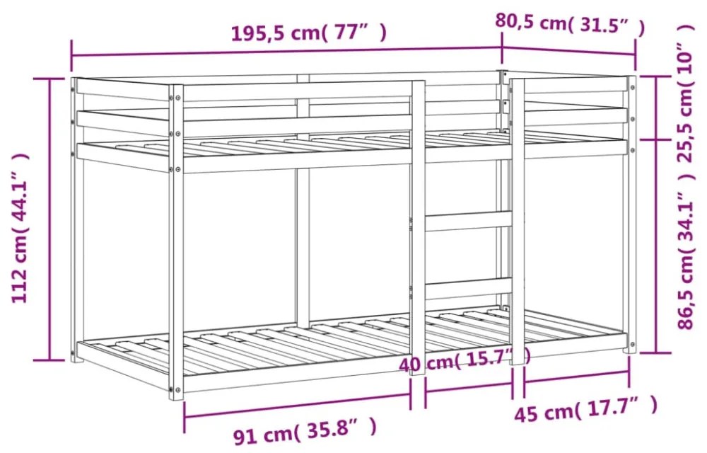viaszbarna tömör fenyőfa emeletes ágy 75 x 190 cm