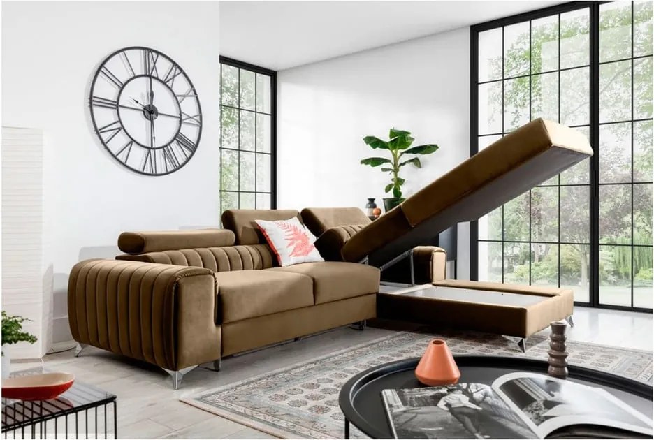 Világosbarna bársony kinyitható-tárolóhelyes sarokkanapé (jobb oldali-heverő résszel) Grayson – ELTAP