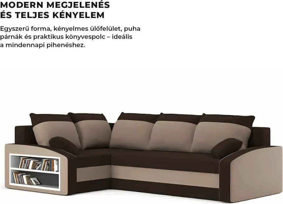 Grande sarokkanapé polcokkal , polc a bal karfaban, baloldali, szövet anyag, hab töltet, barna