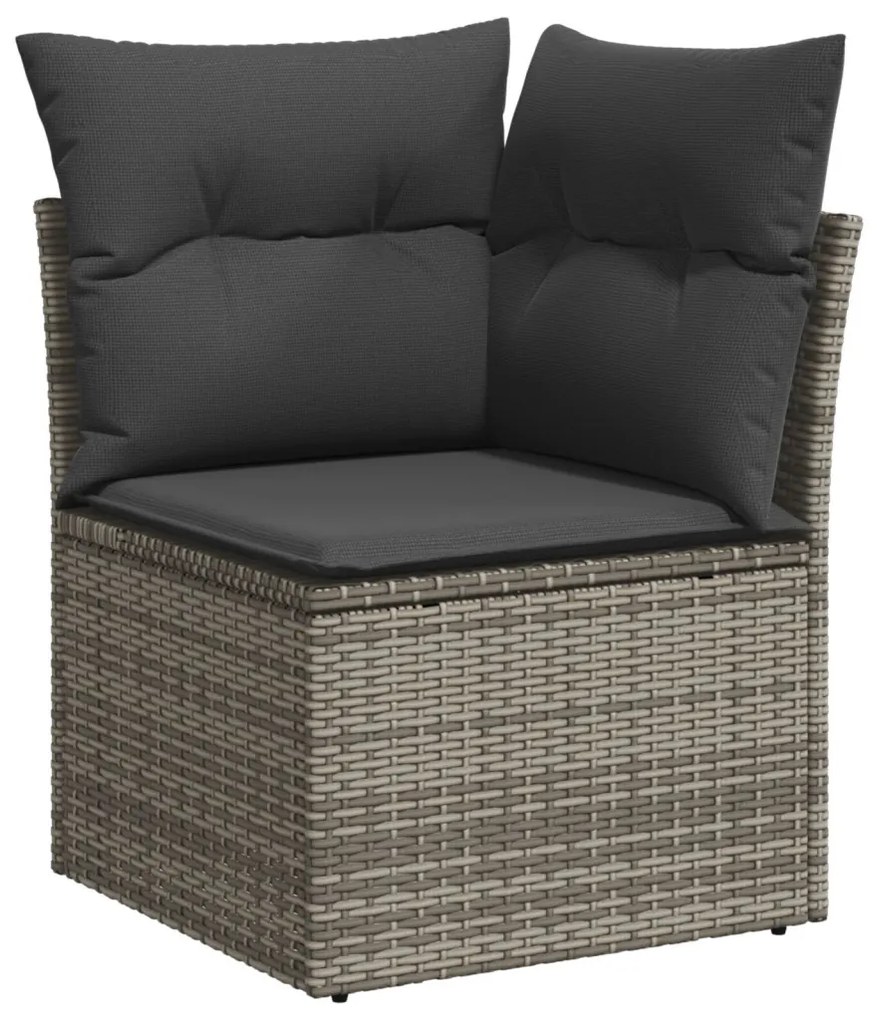 11 darabos Kerti Sofa Szett Párnákkal Szürke Poli Rattan Akácia, 2 személyes Kerti Sofa Tárolóval és Párnákkal Szürke Poli Rattan, 3 darabos Kerti Étkező Szett Párnákkal Szürke Poli Rattan Akácia