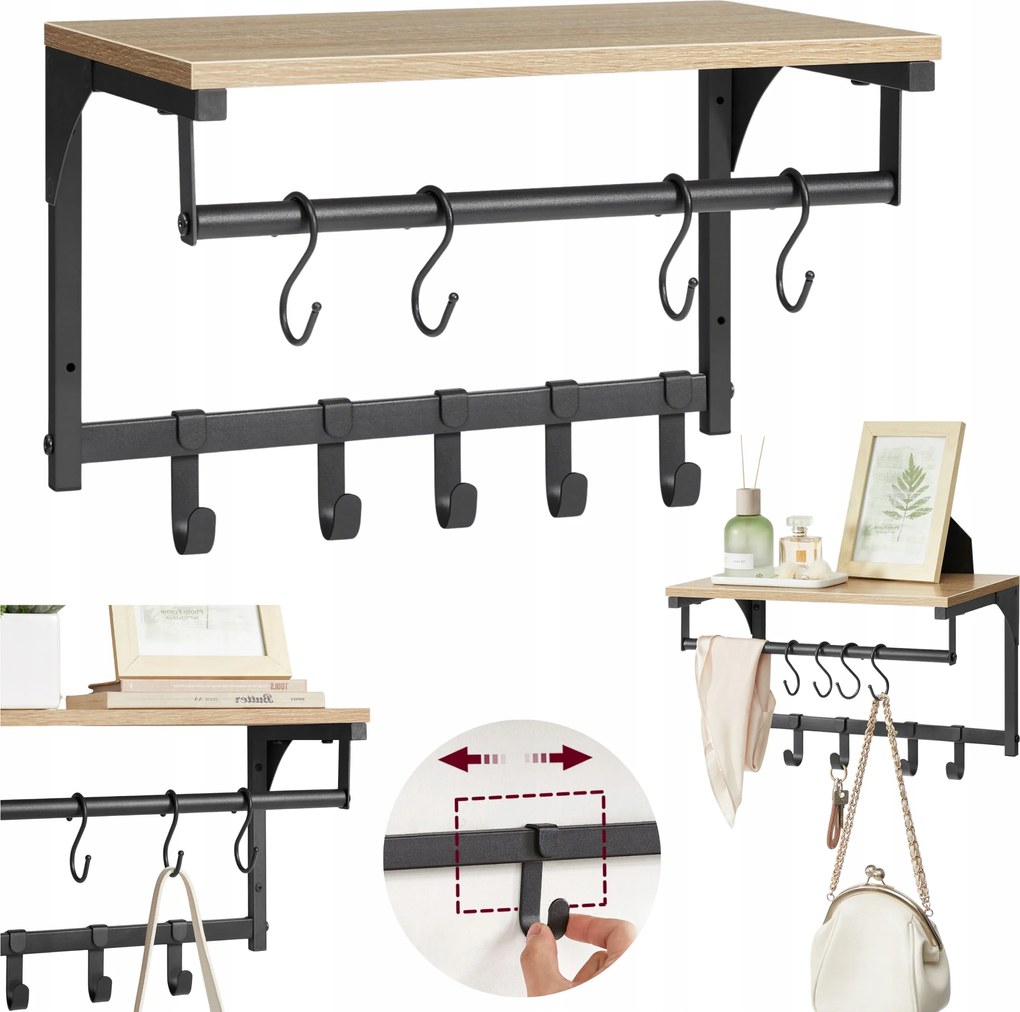 Fali akasztó polccal 9 akasztóval, ruhatartó polc 40cm Sonoma Loft Tölgy