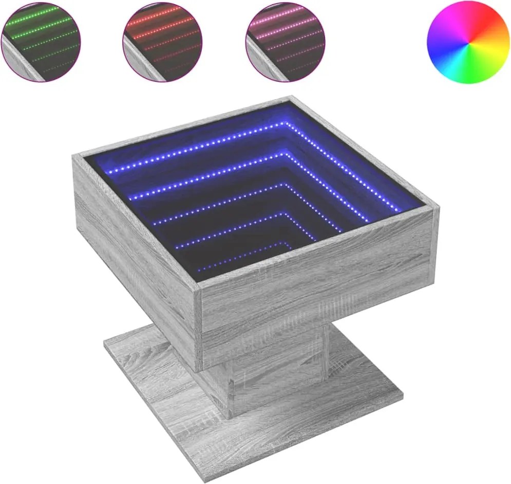 vidaXL szürke sonoma szerelt fa dohányzóasztal LED-del 50 x 50 x 45 cm