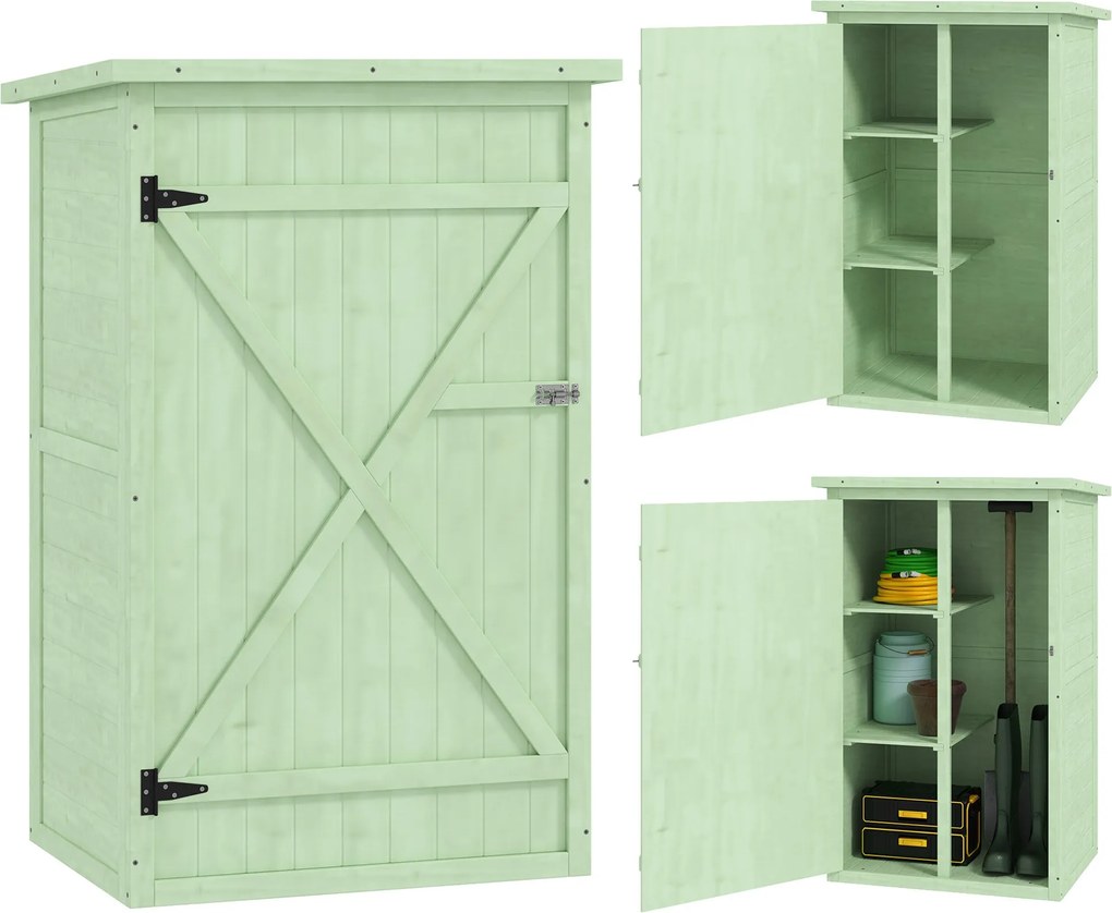 Outsunny fa kerti tároló 75 x 56 x 115 cm – 3 polc, zárható ajtó, bitumenes tető – zöld | Aosom
